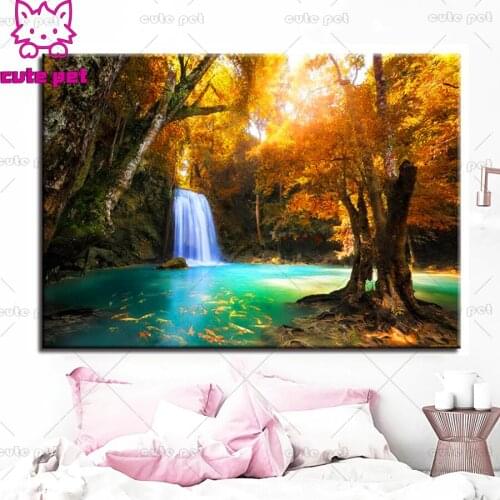 5D DIY Diamond Painting Forest Lake waterfall Landscape Full Square round Drill Diamond Mosaic art diamond Embroidery fall art