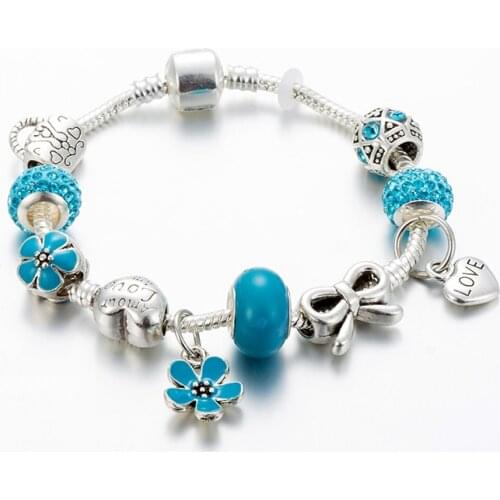 ANNAPAER New Blue Flower Fashion Luxury Rhinestone Beads Charms Trendy Retro Beads Femme Bangles Pendant Bracelet Femme Gifts