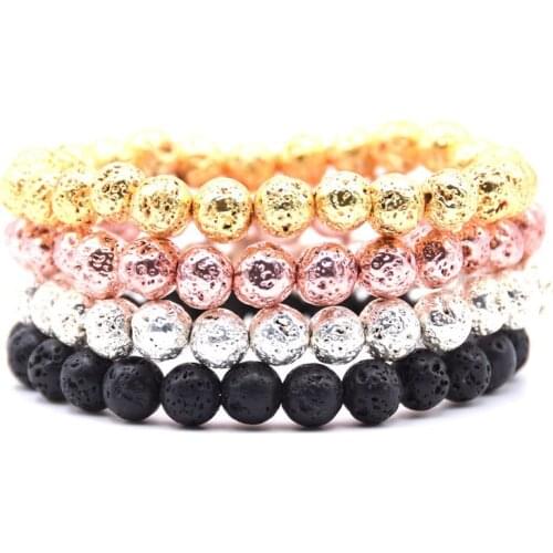 8mm Metal Plating Lava stone Beads Strand Bracelet Rose Gold Black Wristband for Women Men Bracelet Jewelry