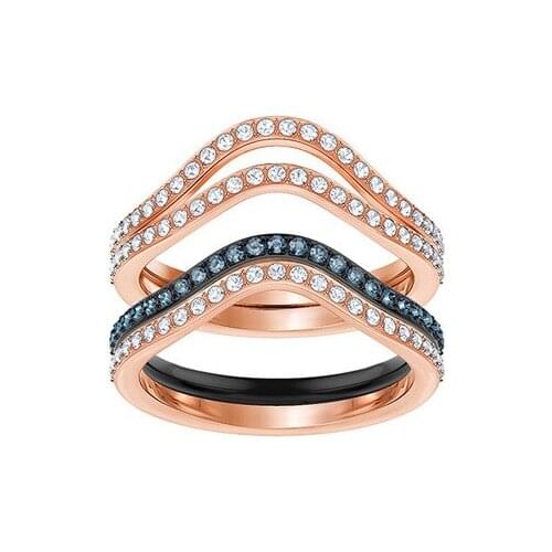 1:1 Fashionable personality colorful crystal geometric double ring, temperament rose gold mix and match womens silver jewelry