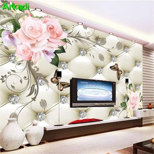 European soft 3d simple flower diamond butterfly wallpaper living room sofa TV background wall image wall customization