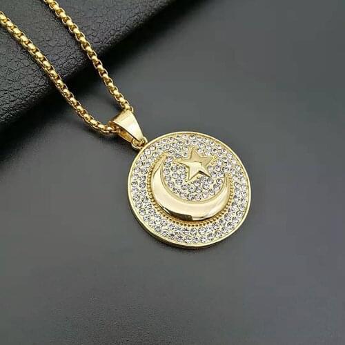 Stainless Steel Hip Hop Muslim Moon and Star Round Zircon Stone Pendant Necklace Islamism Flag Jewelry