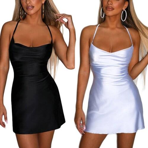 Summer Women Trendy Sexy Backless Sleeveless Dress Solid Color Spaghetti Strap V-neck Tie-up Light Blue/ Black