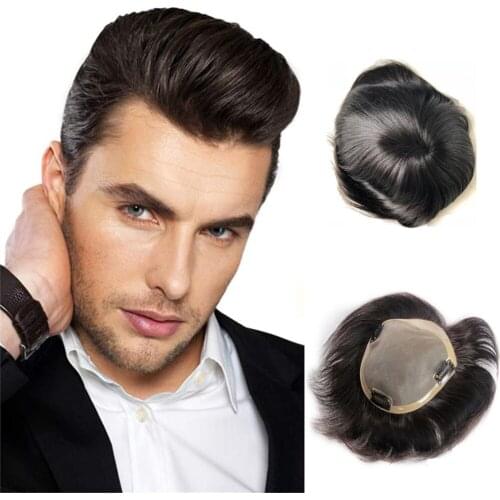 BYMC Mens Toupee Mono Toupee Human Hair Natural Hairline Lace With PU Replacement System With Clips