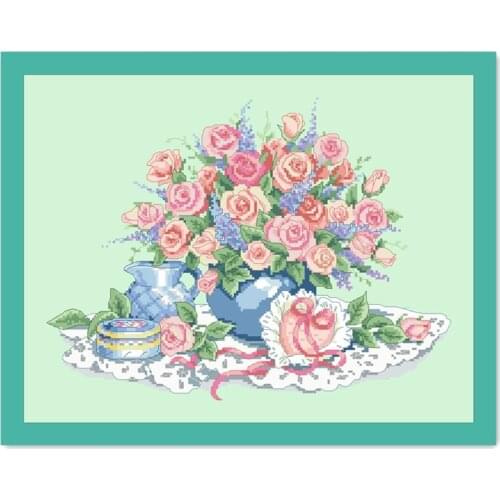 Rose love cross stitch kit flowers 14ct light green canvas fabric cotton thread embroidery DIY handmade needlework