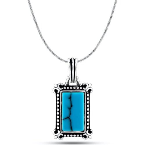 Silver Blue Turquoise Gemstone Rectangle Necklace Men and Women Necklace Solid 925 Sterling Silver Men For Gifts Women For Gifts