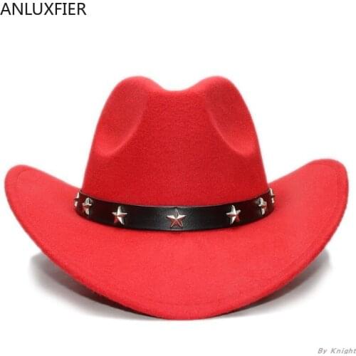 A172 Adult Wool Fedoras Hat Star Leather Belt Band Cowboy Hats Parents and Kids Wear Wool Cowboy Hat Large Brim Fedoras Caps