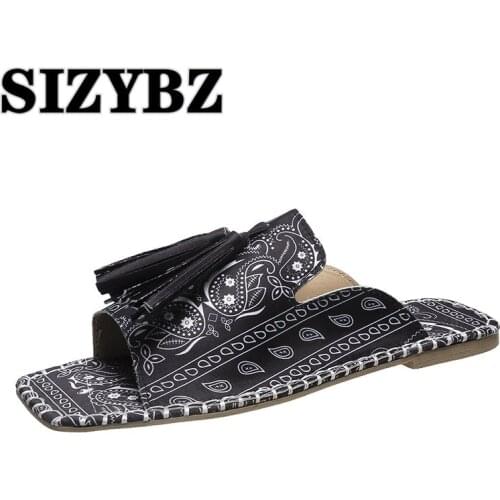 Women Slippers Retro Style Totem Fringe Decor Square Toe Flat Ladies Summer Shoes Women Print Sandals Comfort Outside Slides