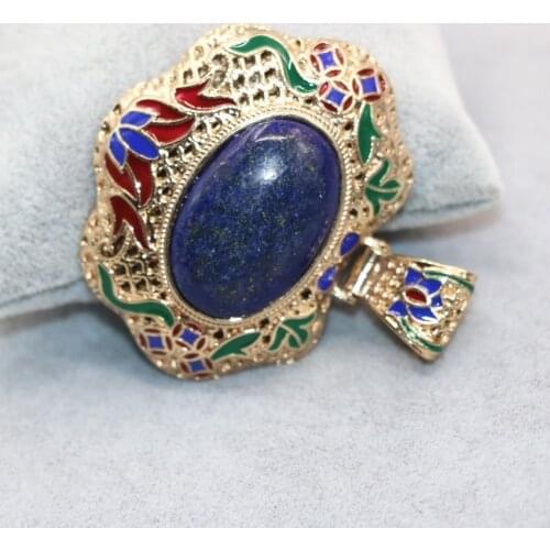 Antique silver-color gold-color natural oval lapis lazuli stone charms pendant 45*55mm enamel women jewelry B3042