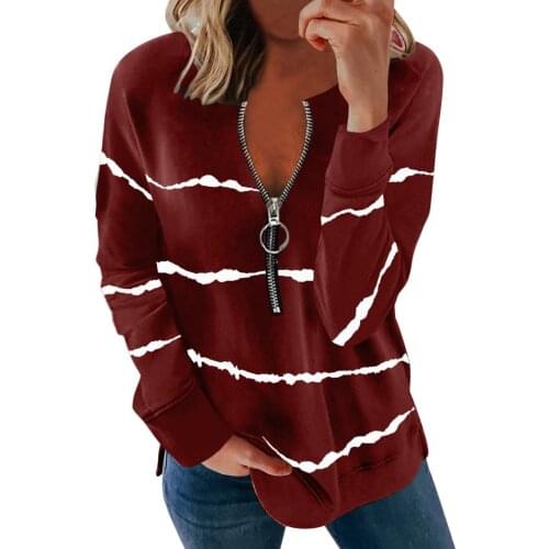 Women Pringting Stripe T-Shirts V Neck Zipper Long Sleeves Casual Fashion Femme Tee Shirt Tops Womens Clothing camisa feminina