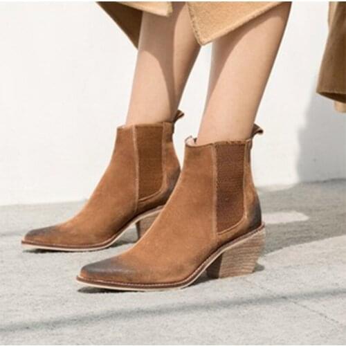 Women 2021 New Ankle Boots Female Platform Flock Pointed Toe Block Heels Shoes Ladies Knitted Slip On Comfortable Casual Boot