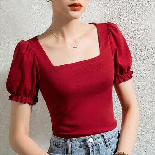 Women Summer Sexy Tshirt Short Sleeve Square Collar T Shirt Black White Slim Top Office Lady Fashion Vintage Plus Size Tee Femal