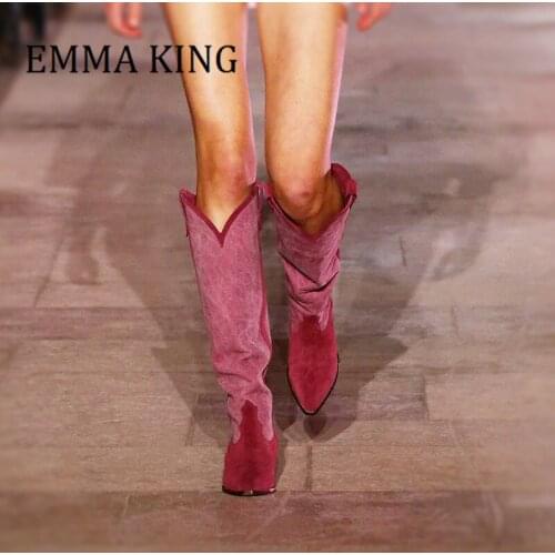 Autumn Winter Women Suede Leather Western Boots Fashion Pointed Toe Knee High Boots Woman Slip On Chunky Heels Chlesea Boots