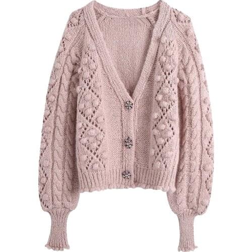 2021 New Women Fashion Gem Buttons Pompom Detail Knitted Cardigan Sweater Vintage Long Sleeve Female Outerwear Chic Tops