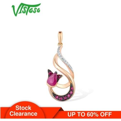 VISTOSO Gold Pendant For Women Genuine 14K 585 Rose Gold Natural Ruby Sparkling Diamond Engagement Anniversary Gift Fine Jewelry