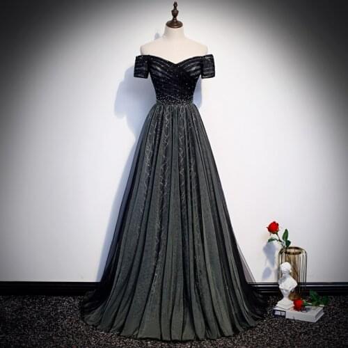 New Evening Dress Boat Neck A-line Floor-length Off the Shoulder Short Sleeves Tulle Plus size Party Formal Dresses Woman R1437