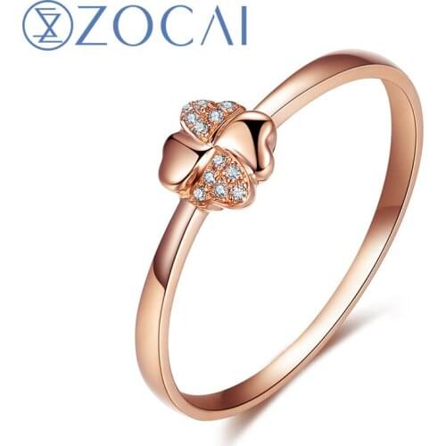 ZOCAI Design Gift Ring Four Clover Natural 0.02 CT Diamond Ring with Real 18K Rose Gold (Au750) W80027T