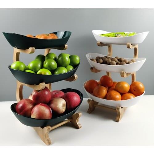 2/3 Tiers Fruit Plate with Wood Holder Snacks Candy Serving Plate Bowl Kitchen Organizer Rack Party Food Serving Display Tray