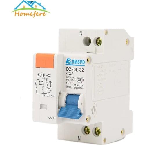 Homefere 230V 1P+N 10A/16A/20A/25A/32A Residual Current Circuit breaker with Over Current and Short Current Leakage Protection