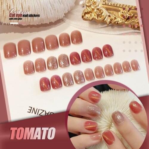 24PCS Mysterious Cat Eye Nail Patch with Jelly Gum High Quality Rhinestone Foot False Nail Artificial Nails Summer Beauty Toenai
