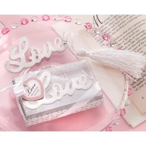 Free Shipping 10pcs/lot "Letter LOVE" Metal Bookmark With Tassels Ribbon Gift Box For Party Gift Or Souvenirs