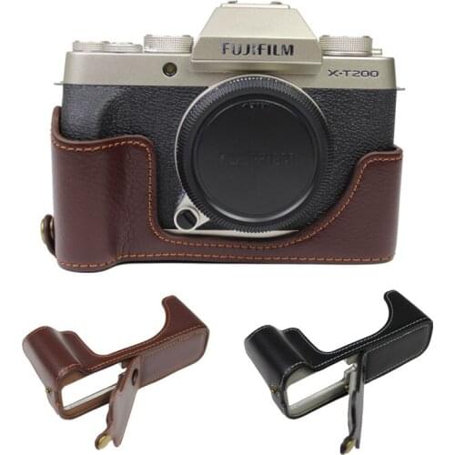 Portable Genuine Leather Camera Bag CaseFor Fujifilm X-T200 Fuji XT200 Half Body Shell Cover Black Coffee