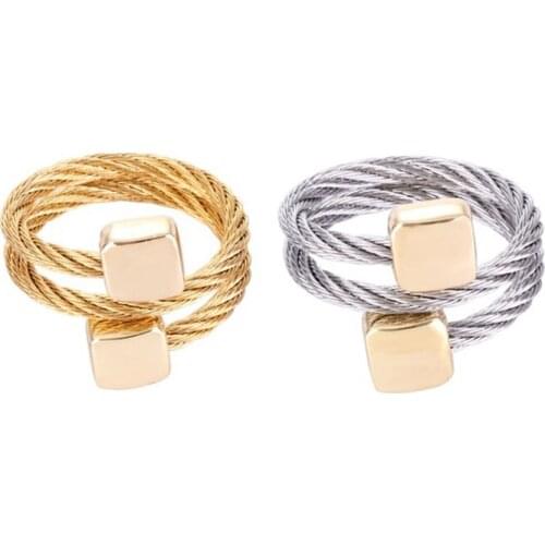 Chran Elegant Gold Color Stainless Steel Cable Couple Ring Fashion Adjustable Enagement Rings for Women