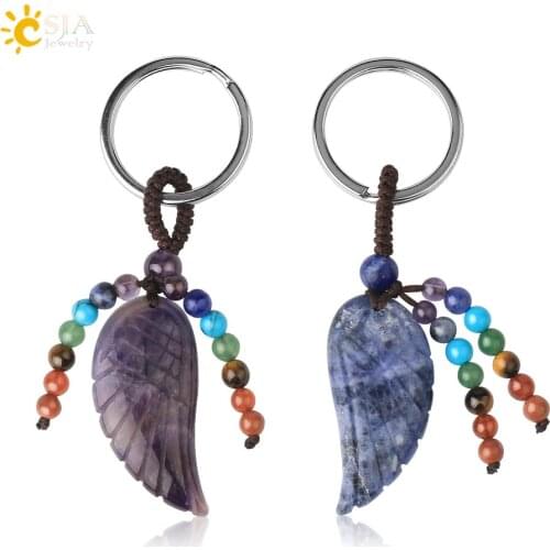 CSJA 7 Chakras Natural Gem Stone Keychains Angel Wing Healing Tiger Eye Purple Crystal Key Chain Quartz Women Men Jewelry G774