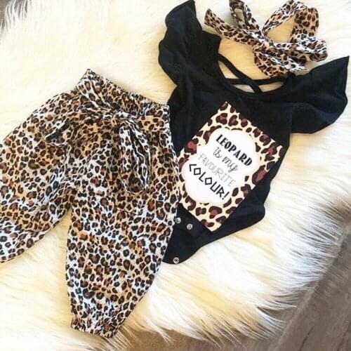 0-3Y Newborn Infant Baby Girl Clothing Solid Bodysuit Top Leopard Pants Headband Outfits Sunsuit Toddler Girl Summer Set