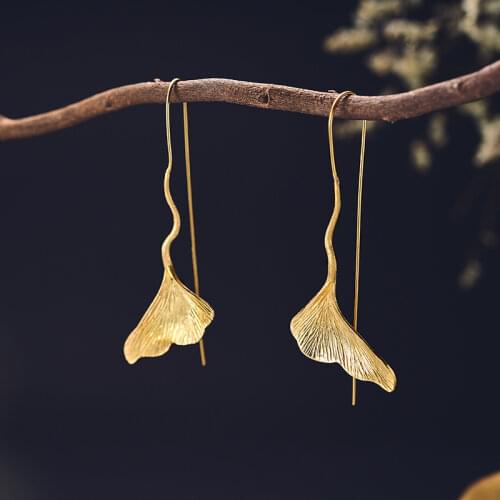 Real Silver Color Long Pattern Earrings Fashion Jewelry Vintage Gold Ginkgo Leaf Earrings for Women Girls Wedding Gifts