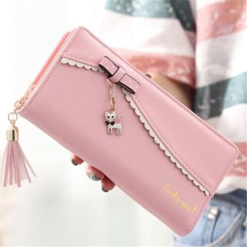 PU Leather Long Wallet Women Card Holder Purse Sweet Bow Cute Cat Pendant Tassel Ladies Clutch Phone Money Coin Bag Portemonnee
