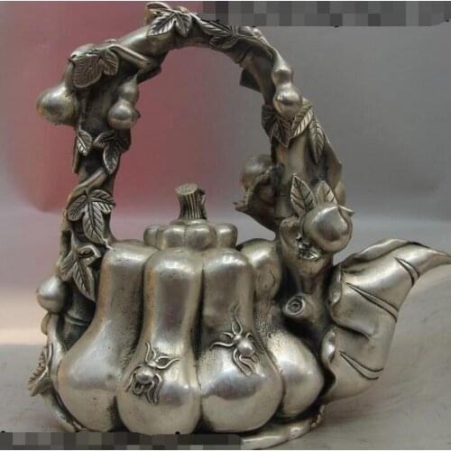 China Tibet Silver Spider Peach Bottle Gourd Pumpkin Kettle Pot Teapot Statue