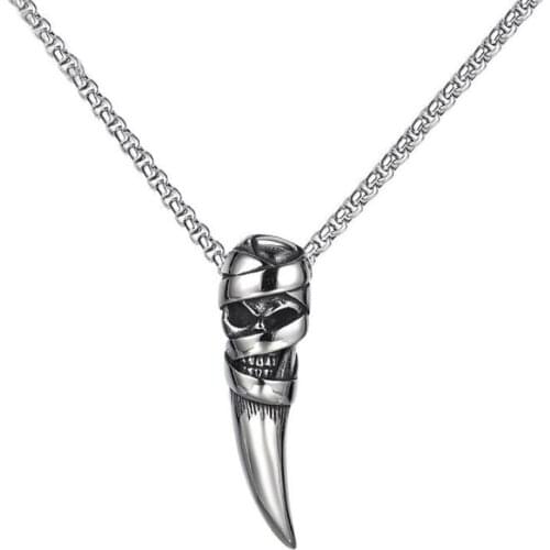 Stainless Steel Men Punk Rock Wolf Tooth Skull Punk Rock Pendant Necklace Jewelry Gift For Him with Chain