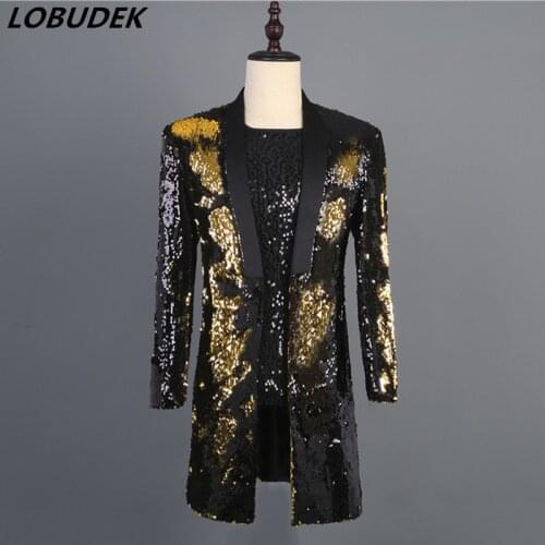 Mens Double-color Flip Sequins Suit Jackets Stage Costume Gold Black Green Long Coat Nightclub Bar DJ Singer Presenter Tailcoat