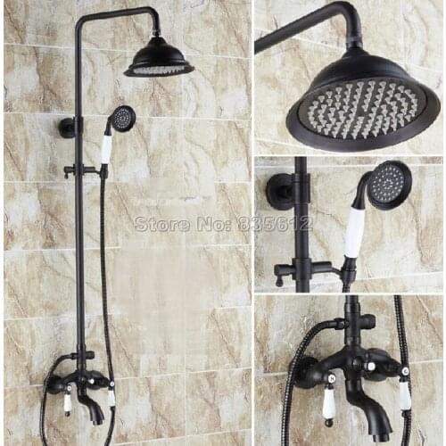 Wall Mounted Black Oil Rubbed Bronze Bathroom Rainfall Shower Faucet Set + Ceramic Handles Bathtub Mixer Tap + Hand Spray Whg048