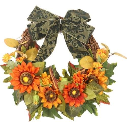 Autumn Fall Harvest Wreath With Sunflowers Pumpkins Maple Leaves Bowknot Artificial Wreath For Thanksgiving Door Decor