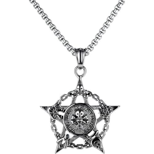 Stainless Steel Skull Star Circle Pendant Necklace Vintage Mens Jewelry