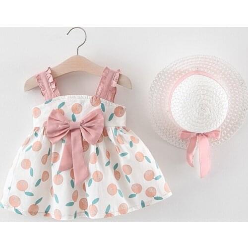 Baby Girls Dresses With Summer Hat 2 Piece Set Newborn Baby Sleeveless Printed Birthday Party Princess Vestidos Cute Bowknot