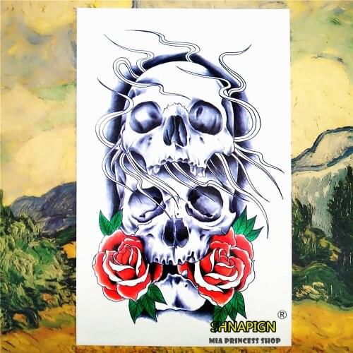 SHNAPIGN Double Skull Rose Temporary Tattoo Body Art Sleeve Arm Flash Tattoo Stickers 12*20cm painless Henna selfie stickers