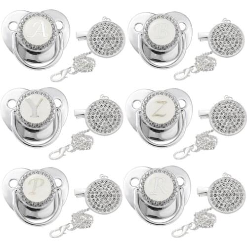 Initial Letters Rhinestone Baby Pacifier Silver Luxury Pacifier Clips Chain 26 Letters Silicone Pacifiers Newborn Nipple Holder