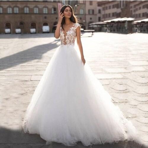 New Appliques Wedding Dresses Beaded A-Line Tulle Gowns Bridal Dresses Illusion O-Neck Sexy vestidos de novia
