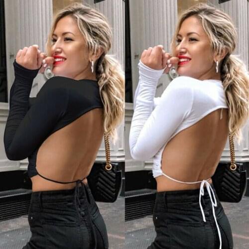 Women Backless Bandage Crop Tops Long Sleeve Slim Fit Casual T-Shirt Clubwear