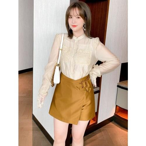 Perspective shirt with stitched lace pattern+Womens irregular high waist skirt suit 2021 Spring new