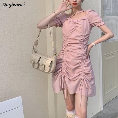Women Short Puff Sleeve Dresses Solid Shirring Square Collar Trendy Sweet Fairy Lovely Retro Slim Ruffles Gentle Designed Teens