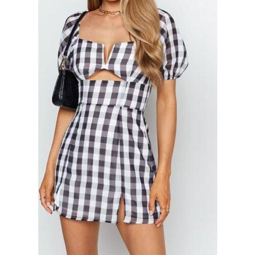 Elegant Black White Plaid Mini Dress Women Square Collar Hollow Out Split Puff Sleeve Dresses Cute Sweet Party Club Beach Dress