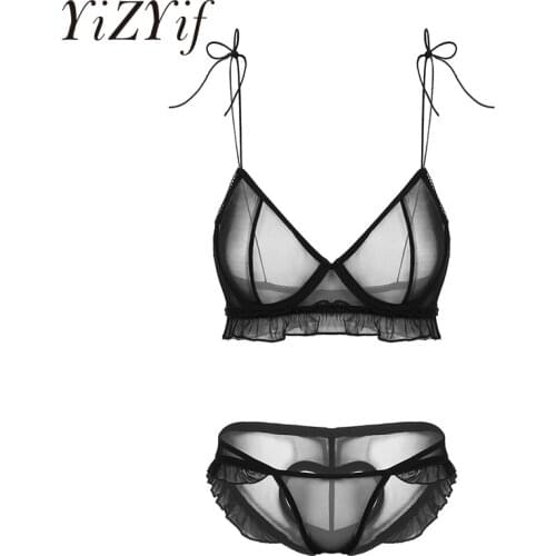 Women Sexy Sheer Mesh Lingerie Nightwear Elastic String Shoulder Straps Ruffle Underwired Bra Top with Low Rise Briefs Underwear