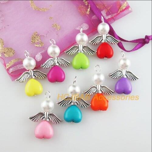 16 New Angel Charms Tibetan Silver Tone Mixed Acrylic Heart Pendants 20.5x28mm