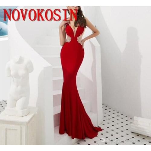 2019 Sexy Prom Dresses Deep V-neck Pretend Transparent Beaded Crystal Zipper Evening Dresses Beauty Dresses
