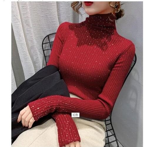 2020 New design womens turtleneck long sleeve stretchy fabric knitted rhinestone patched shinny bling sweater top shirt jumper