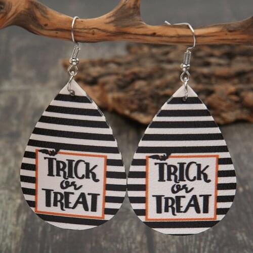 2021 Wholesale New Black Striped TRICK or TREAT Letter Drop Shaped Leather Earrings for Women Girl Gift for Halloween Day